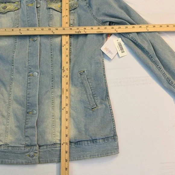 LuLaRoe Jaxon Denim Jacket‎ XL Light Wash Yellow Embroidered Boho Trucker Jean - Picture 5 of 13